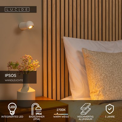 Lucide IPSOS - Wandleuchte Badezimmer - LED - 1x6W 2700K - IP54 - Weiß